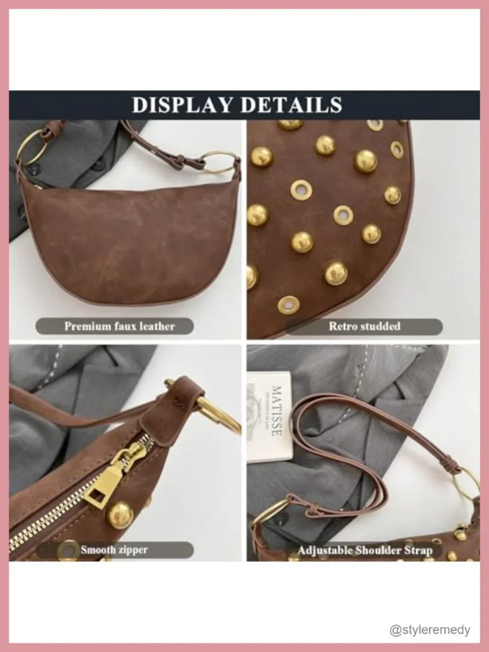 Studded Faux Leather Hobo Crescent Crossbody Bag Y2K Shoulder Purse